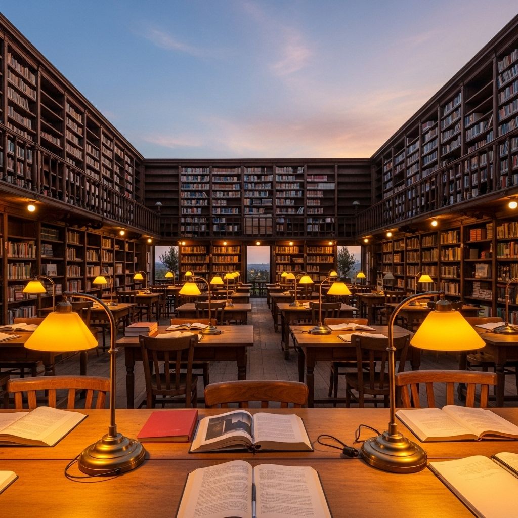 Otwarta biblioteka naukowa z wysokimi półkami pełnymi książek, drewnianymi stołami i ciepłym światłem lamp – wnętrze instytucji wiedzy i edukacji