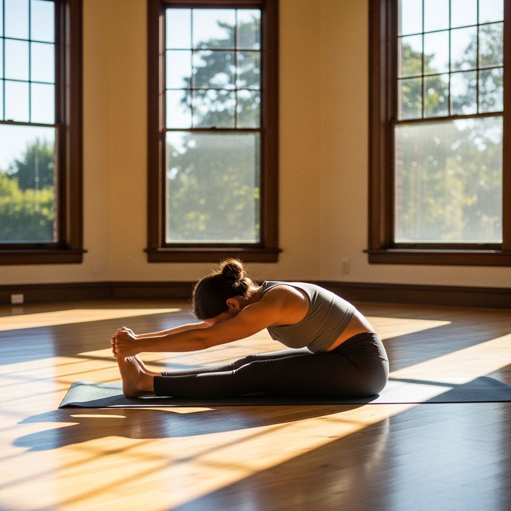 Kobieta w spokojnej pozie jogi na macie w jasnym, słonecznym studiu z drewnianą podłogą i dużymi oknami – ćwiczenia rozciągające w naturalnym świetle