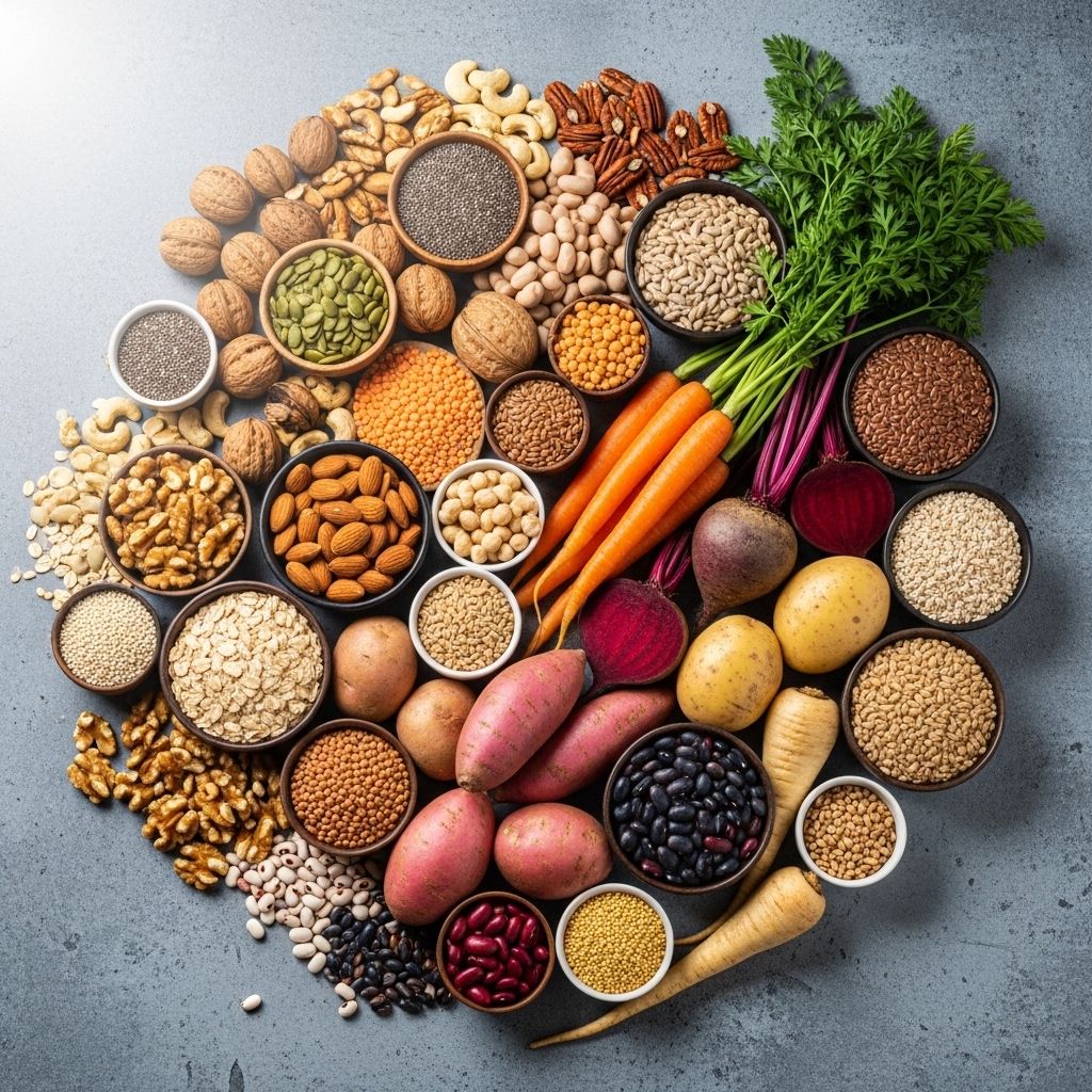 Zbiór nieprzetworzonych produktów spożywczych – orzechy, nasiona, strączki, świeże warzywa korzeniowe i pełnoziarniste produkty zbożowe ułożone na szarej powierzchni w naturalnym oświetleniu
