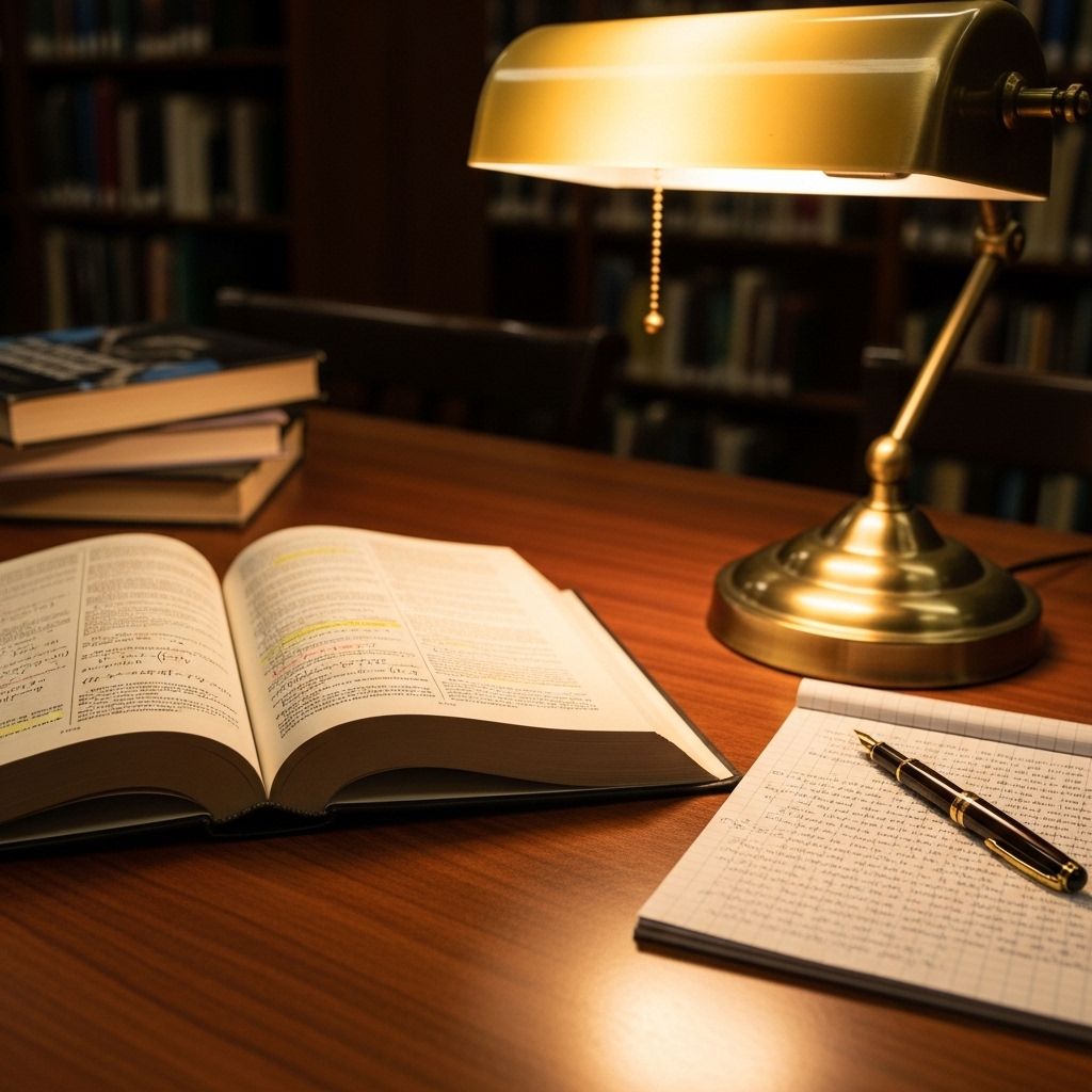 Otwarte książki naukowe i notatki leżące na drewnianym stole w bibliotece z ciepłym oświetleniem lampki – symbolika edukacji i rzetelnej wiedzy