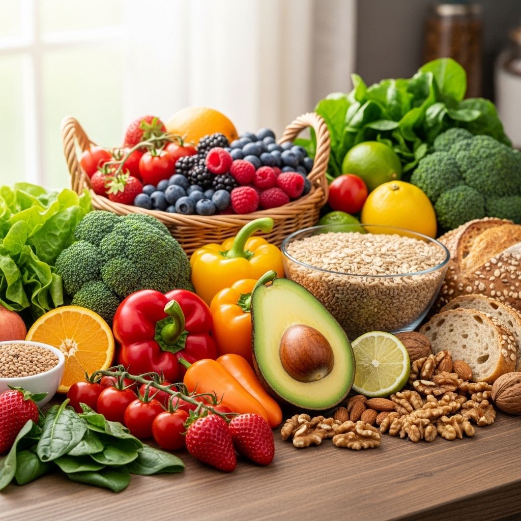 Kolorowe warzywa, owoce i produkty pełnoziarniste ułożone na blacie kuchennym w naturalnym świetle – ilustracja zasad zbilansowanego odżywiania