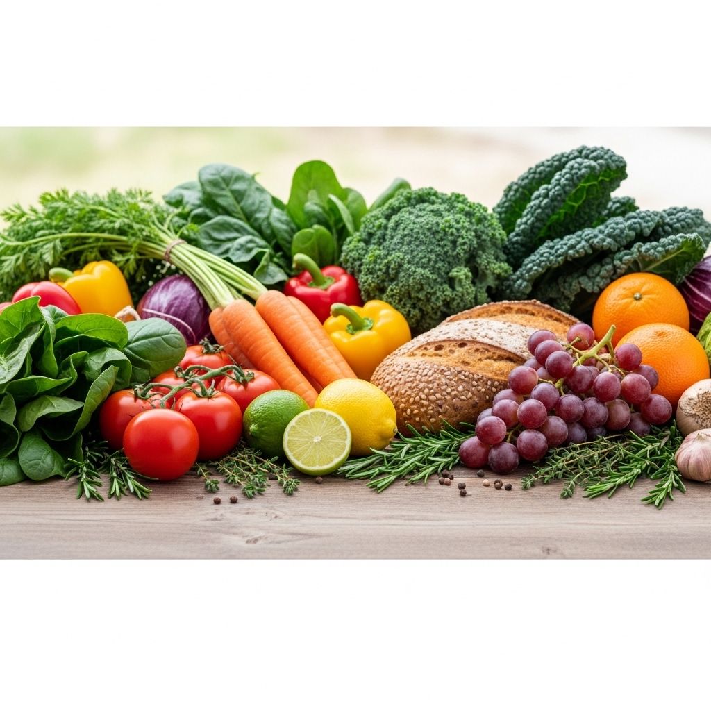 Szerokie ujęcie świeżych warzyw i owoców ułożonych na drewnianym stole w naturalnym świetle – kolorowa kompozycja z zielonymi liśćmi, pomidorami, cytrusami i pełnoziarnistym pieczywem symbolizująca zbilansowaną dietę
